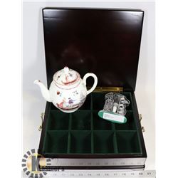 TEA CHEST, TEAPOT AND TIMER