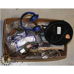 BOX OF ASSORTED ITEMS INCLUDING NEW SAFETY GLASSES