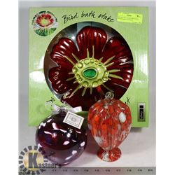 DECORATIVE GLASS BIRD BATH, HUMMINGBIRD FEEDER &