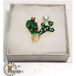 CACTUS BROOCH WITH RHINESTONES AND FAUX PEARL