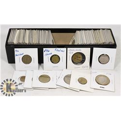 BOX OF APPROX 86 WORLD COINS AND NEW - SOME SILVER