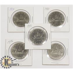 LOT OF 5 CANADIAN $1 COINS - 1975 - 1985