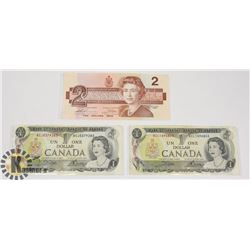 TWO CANADIAN 1972 $1 BILLS & ONE 1986 $2 BILLS