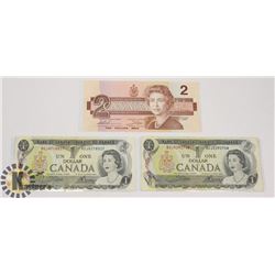 TWO CANADIAN 1972 $1 BILLS & ONE 1986 $2 BILLS