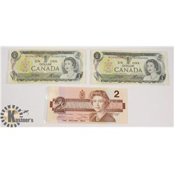 TWO CANADIAN 1972 $1 BILLS & ONE 1986 $2 BILLS