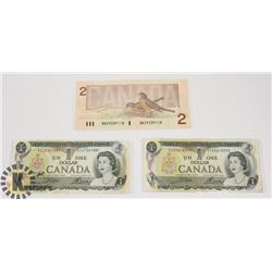 TWO CANADIAN 1972 $1 BILLS & ONE 1986 $2 BILLS
