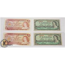 TWO CANADIAN 1954 $1 BILLS & TWO 1976 CANADIAN $2