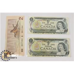 TWO CANADIAN 1972 $1 BILLS & ONE 1986 $2 BILLS