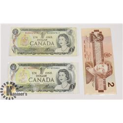 TWO CANADIAN 1972 $1 BILLS & ONE 1986 $2 BILLS