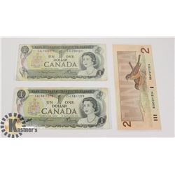TWO CANADIAN 1972 $1 BILLS & ONE 1986 $2 BILLS