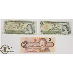 TWO CANADIAN 1972 $1 BILLS & ONE 1986 $2 BILLS