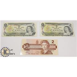 TWO CANADIAN 1972 $1 BILLS & ONE 1986 $2 BILLS