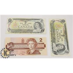 TWO CANADIAN 1972 $1 BILLS & ONE 1986 $2 BILLS