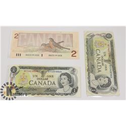 TWO CANADIAN 1972 $1 BILLS & ONE 1986 $2 BILLS