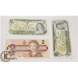 TWO CANADIAN 1972 $1 BILLS & ONE 1986 $2 BILLS