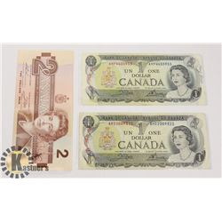TWO CANADIAN 1972 $1 BILLS & ONE 1986 $2 BILLS