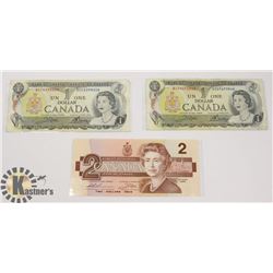 TWO CANADIAN 1972 $1 BILLS & ONE 1986 $2 BILLS
