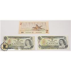 TWO CANADIAN 1972 $1 BILLS & ONE 1986 $2 BILLS