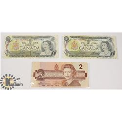 TWO CANADIAN 1972 $1 BILLS & ONE 1986 $2 BILLS