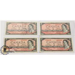 LOT OF 4 CANADIAN 1954 $2 BILLS