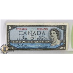 1954 CANADIAN $5 BILL SERIAL AS7694748 B/R