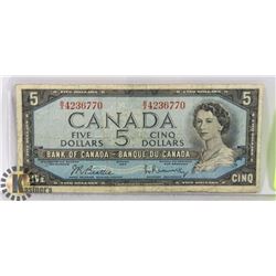 1954 CANADIAN $5 BILL SERIAL BX4236770 B/R