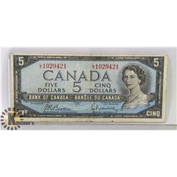 1954 CANADIAN $5 BILL SERIAL LX1029421 B/R