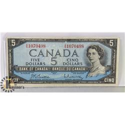 1954 CANADIAN $5 BILL SERIAL XS1070498 B/R
