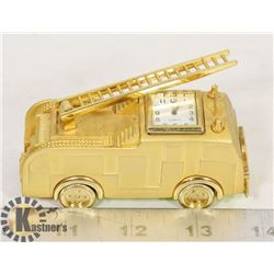 BRASS FIRE TRUCK DESK CLOCK QUARTZ