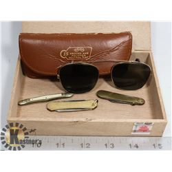 CIGAR BOX WITH 3 ANTIQUE PEN / POCKET KNIVES &PAIR