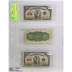 LOT OF 3 1923 SHINPLASTER 25 CENT NOTES