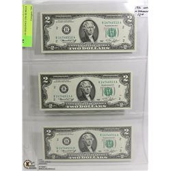 LOT OF 3 IN SEQUENCE USA $2 BILLS