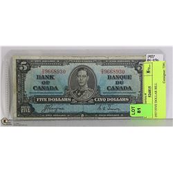 1937 CANADIAN FIVE DOLLAR BILL
