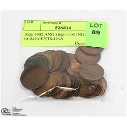 TEN 1902 AND TEN 1905 INDIAN HEAD CENTS-USA