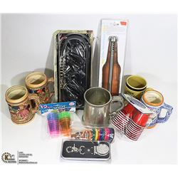 BAR SET OF 4 BEER STEINS AND MISC BAR SUPPLIES