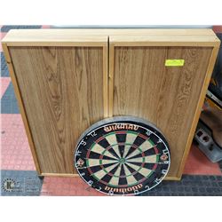 2 DARTBOARDS AND WOODEN WALL CASE.