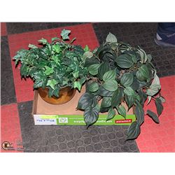 2 SILK PLANTS IN BRASS POTS, 16" WIDE