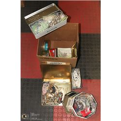 BOX OF TINS WITH COSTUME JEWELLERY