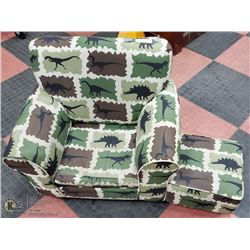 CHILD'S DINOSAUR COMFY CHAIR AND FOOT STOOL.