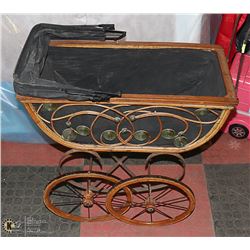 ANTIQUE WOOD BAMBOO BABY CARRIGE 1900'S