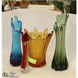 LOT OF 4 ASSORTED COLOUR FLUTED GLASS VASES