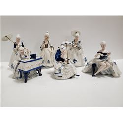 GROUP OF 6 BLUE & WHITE LADY FIGURES