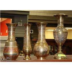 LOT OF 4 ETCHED BRASS VASES. COLLECTIBLE