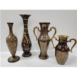 LOT OF 4 ETCHED BRASS VASES