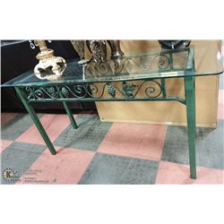 GLASS & GREEN METAL SOFA TABLE, 50 X 18 X 26