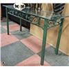 Image 2 : GLASS & GREEN METAL SOFA TABLE, 50 X 18 X 26