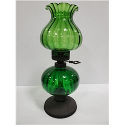 VINTAGE GREEN GLASS COAL OIL LAMP 14" TALL