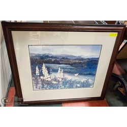 FRAMED & MATTED PICTURE OF FLOWERS/HILLS 36 X 32