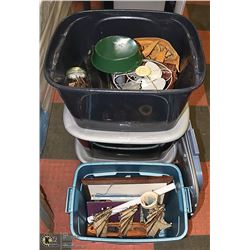 FOUR STORAGE TOTES WITH ESTATE COLLECTIBLES