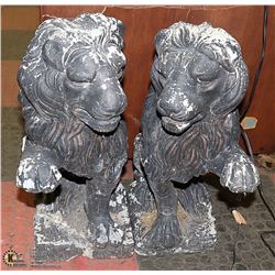 PAIR OF CEMENT LIONS (ONE DAMAGED), 23" TALL